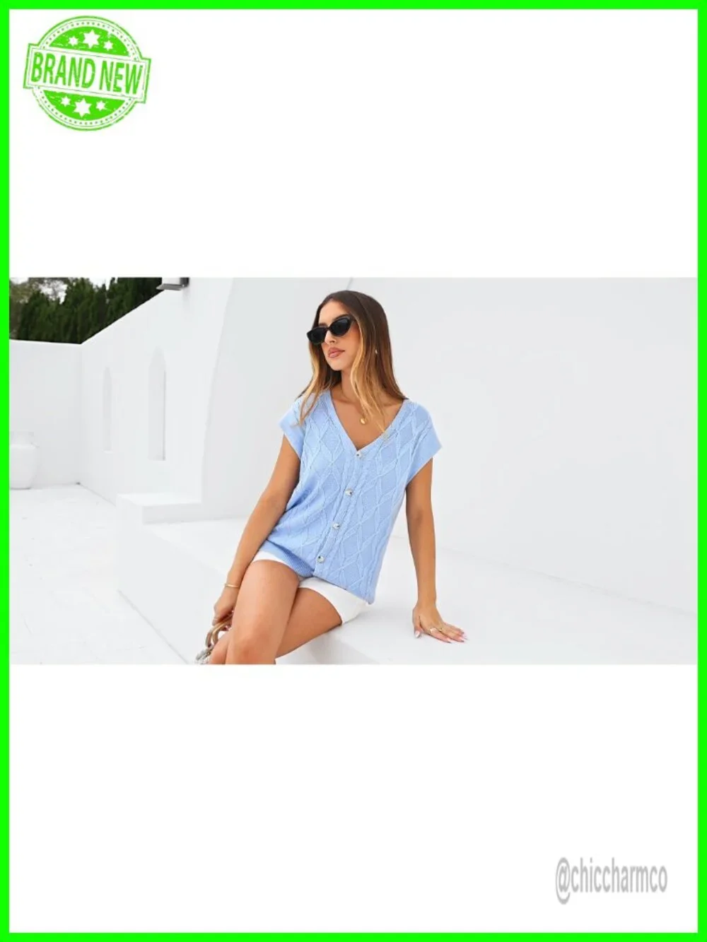 V-Neck Cap Sleeve Cable Knit Button Vest Sweater - Lightweight Loose Fit